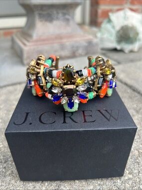 NWT J.CREW 2014  Stone Burst Crystal Enamel Statement Bracelet Green,Orange,Blue